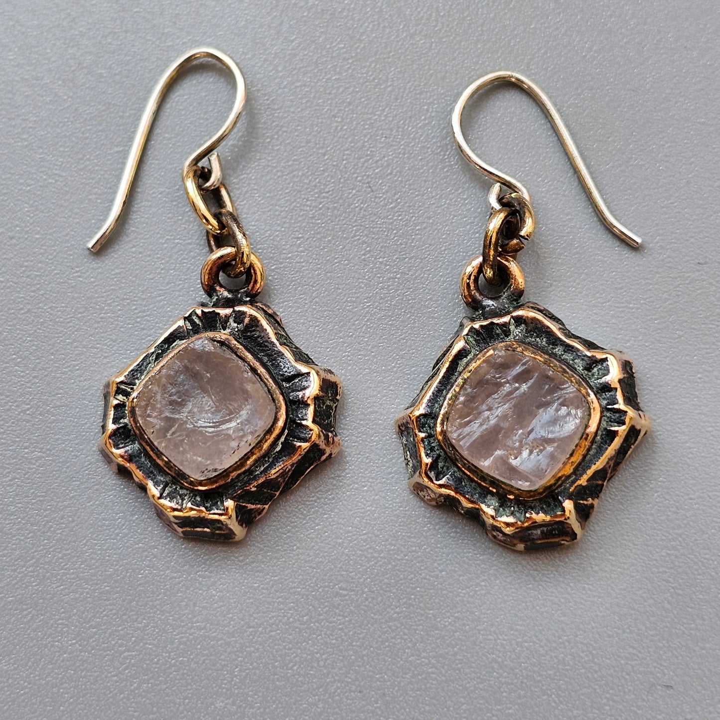 1970s Finnish Bronze & Rose Quartz Earrings by Pentti Sarpaneva – Brutalist Kelo Design