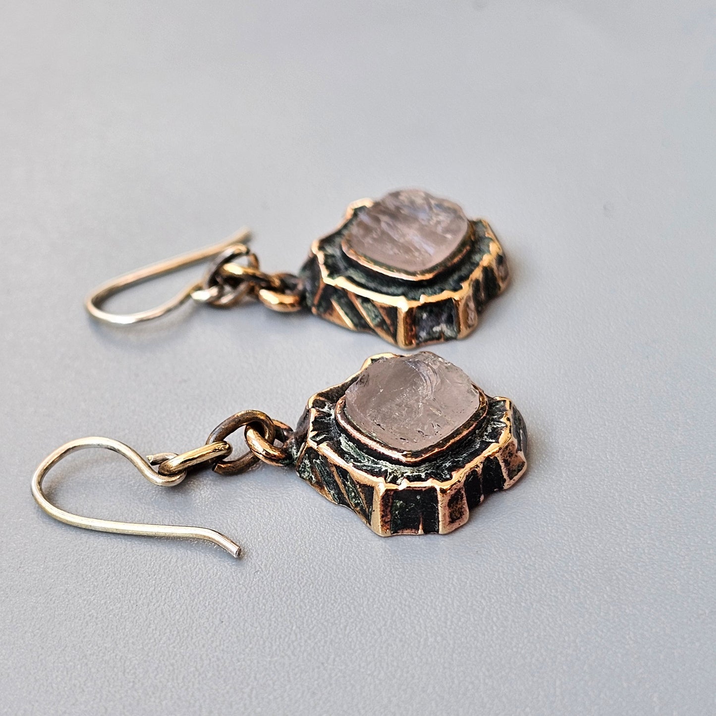 1970s Finnish Bronze & Rose Quartz Earrings by Pentti Sarpaneva – Brutalist Kelo Design