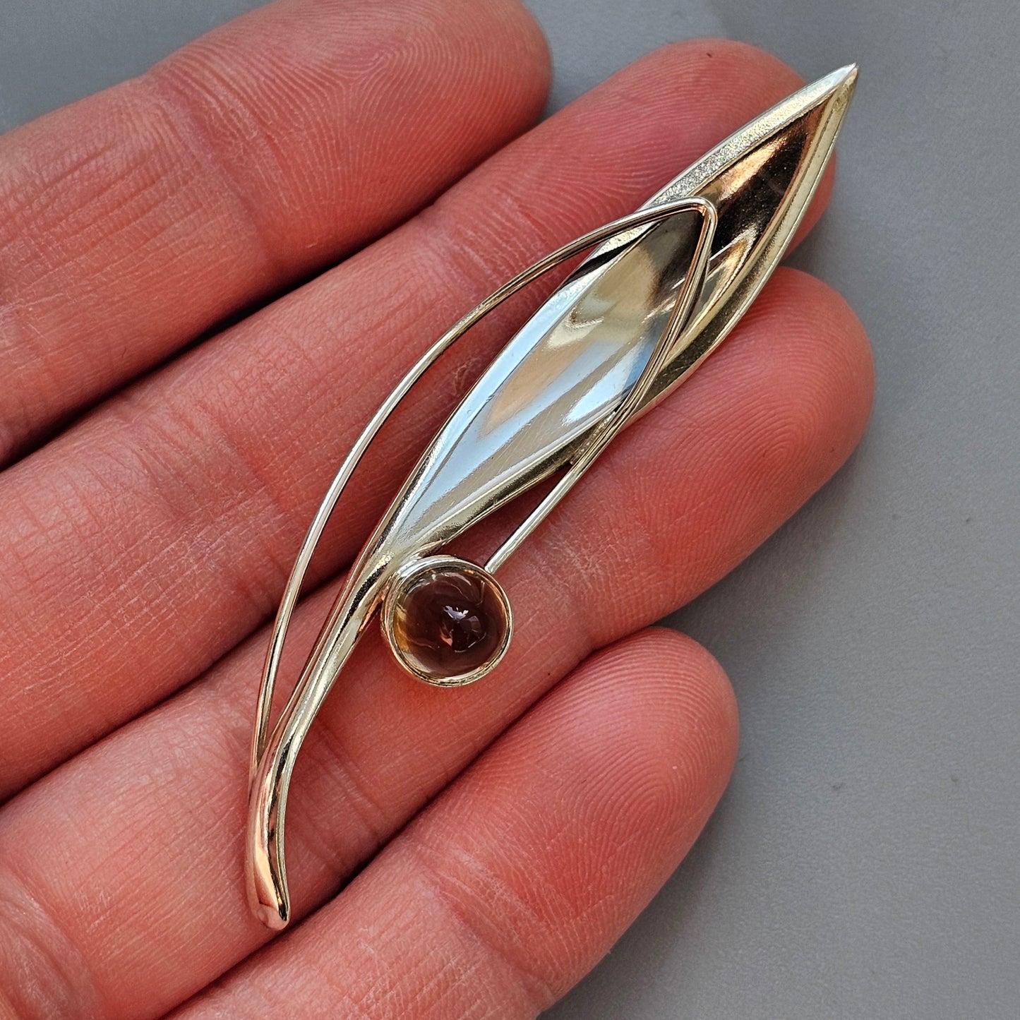 Finnish 1960s Modernist Silver & Smoky Quartz Flower Brooch by Elis Kauppi Kupittaan Kulta 1962