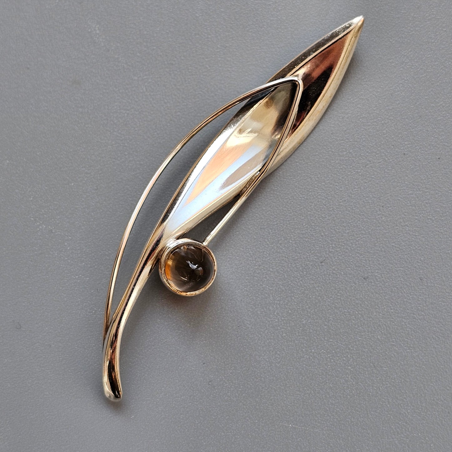 Finnish 1960s Modernist Silver & Smoky Quartz Flower Brooch by Elis Kauppi Kupittaan Kulta 1962