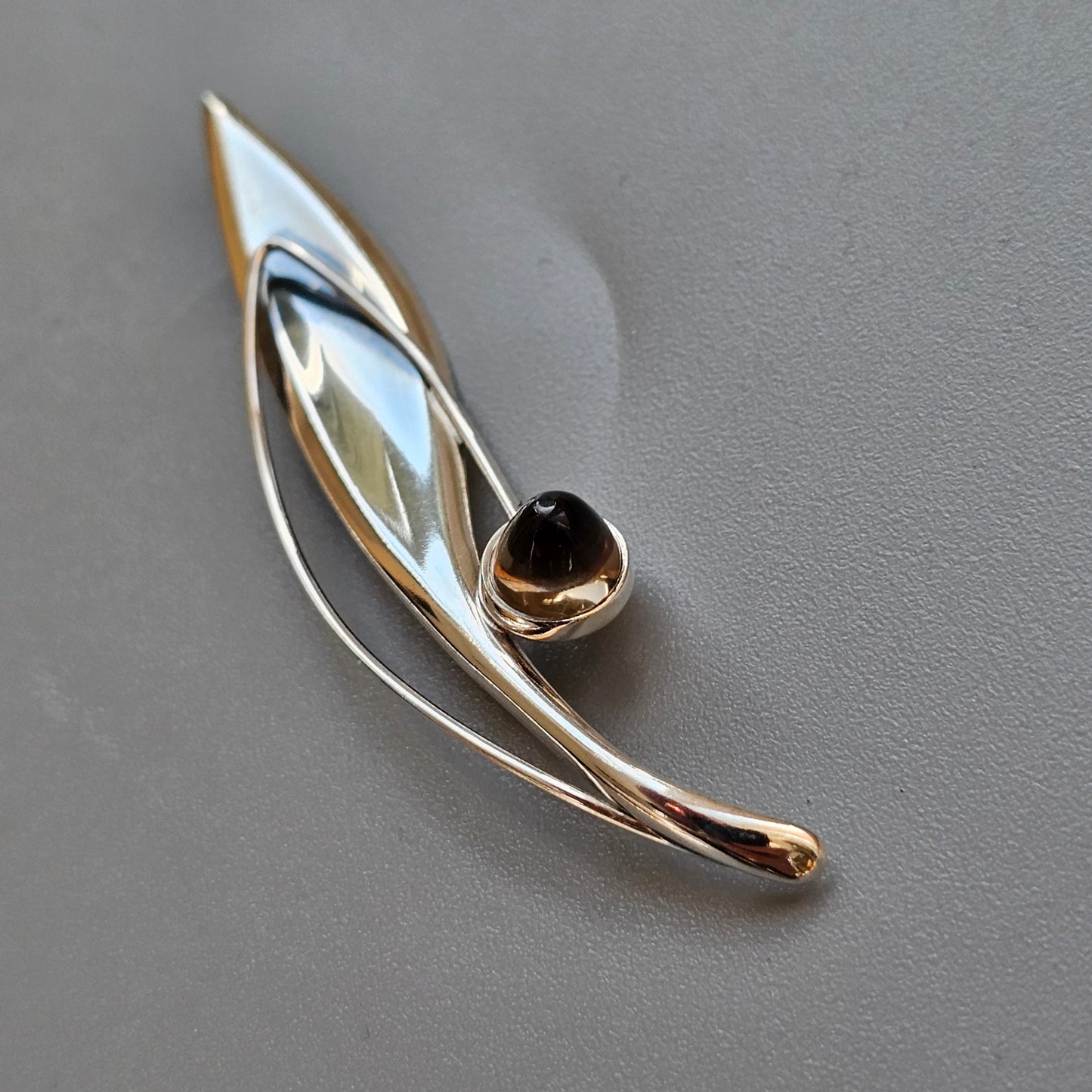 Finnish 1960s Modernist Silver & Smoky Quartz Flower Brooch by Elis Kauppi Kupittaan Kulta 1962