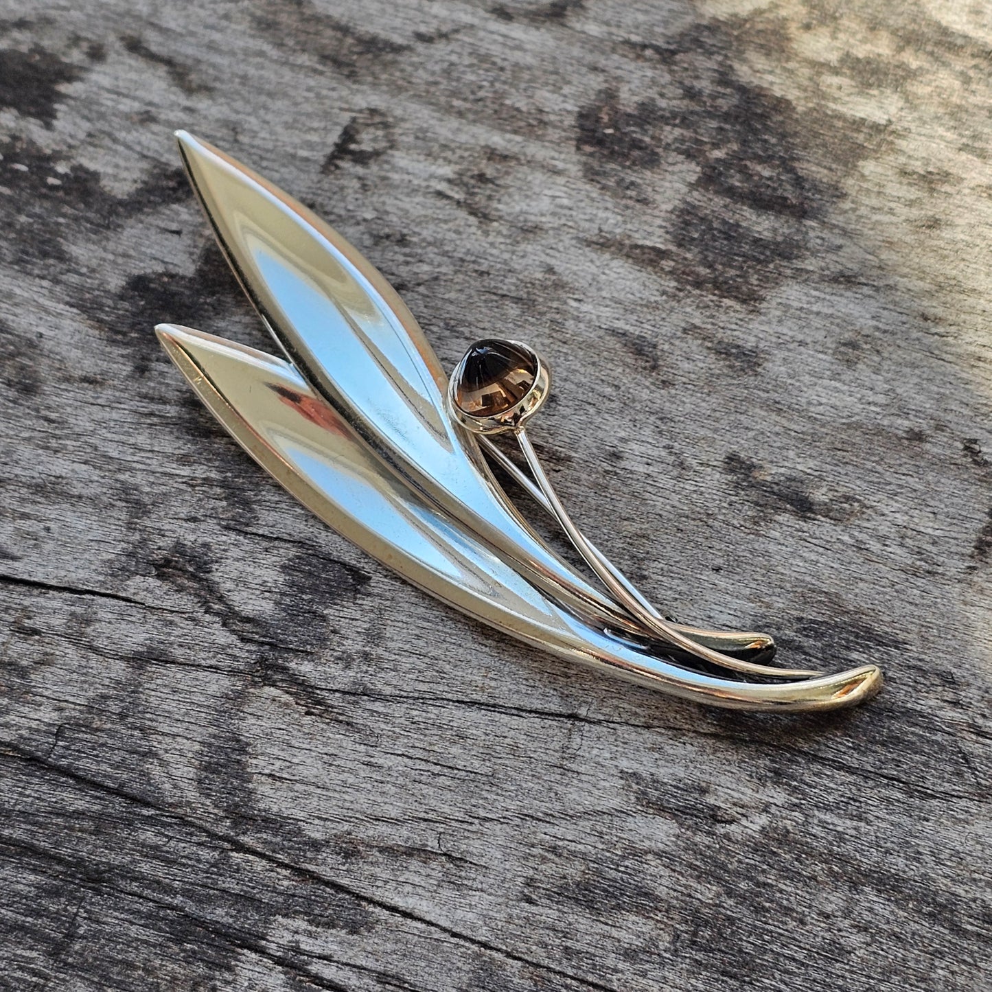 Vintage 60s Modernist Silver & Smoky Quartz Flower Brooch Elis Kauppi Kupittaan Kulta 1964