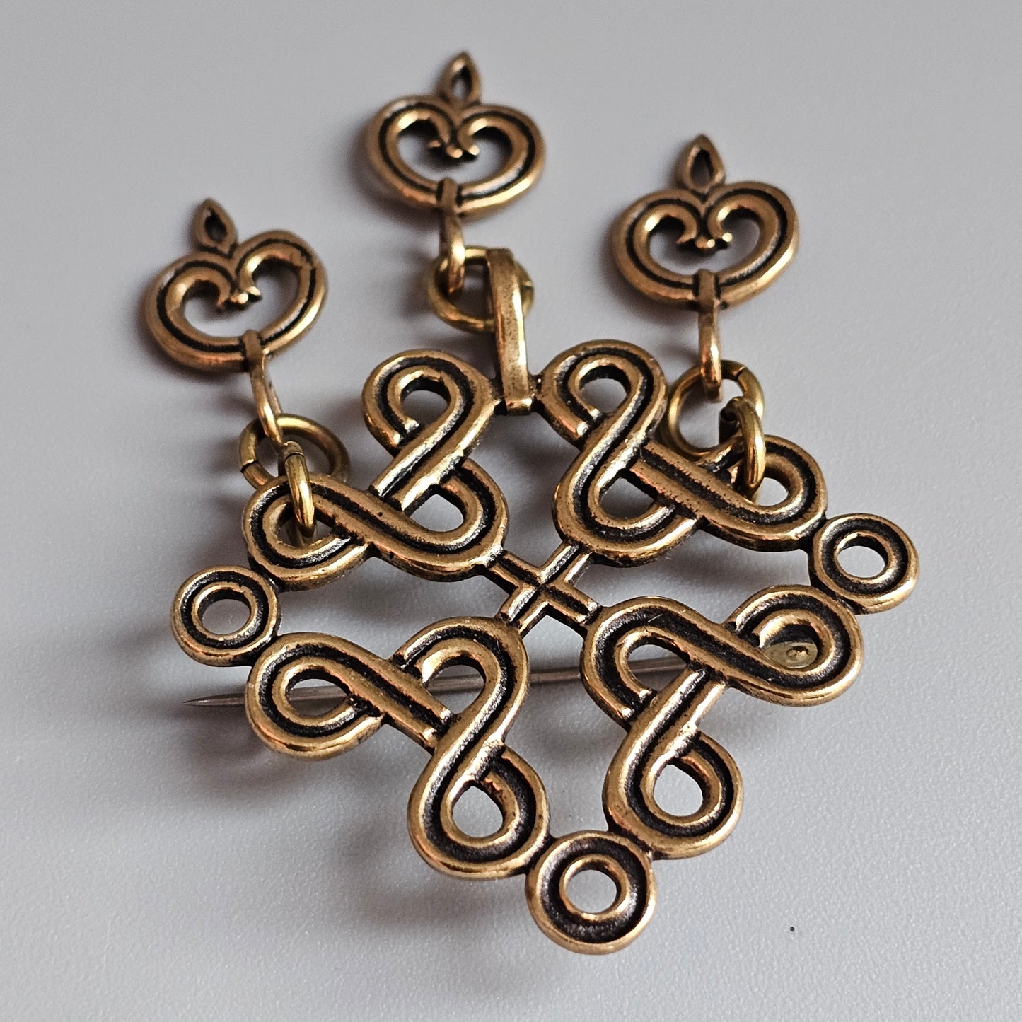 Vintage Kalevala Koru Finland Bronze Middle Ages Era Style Knot Dangly Brooch