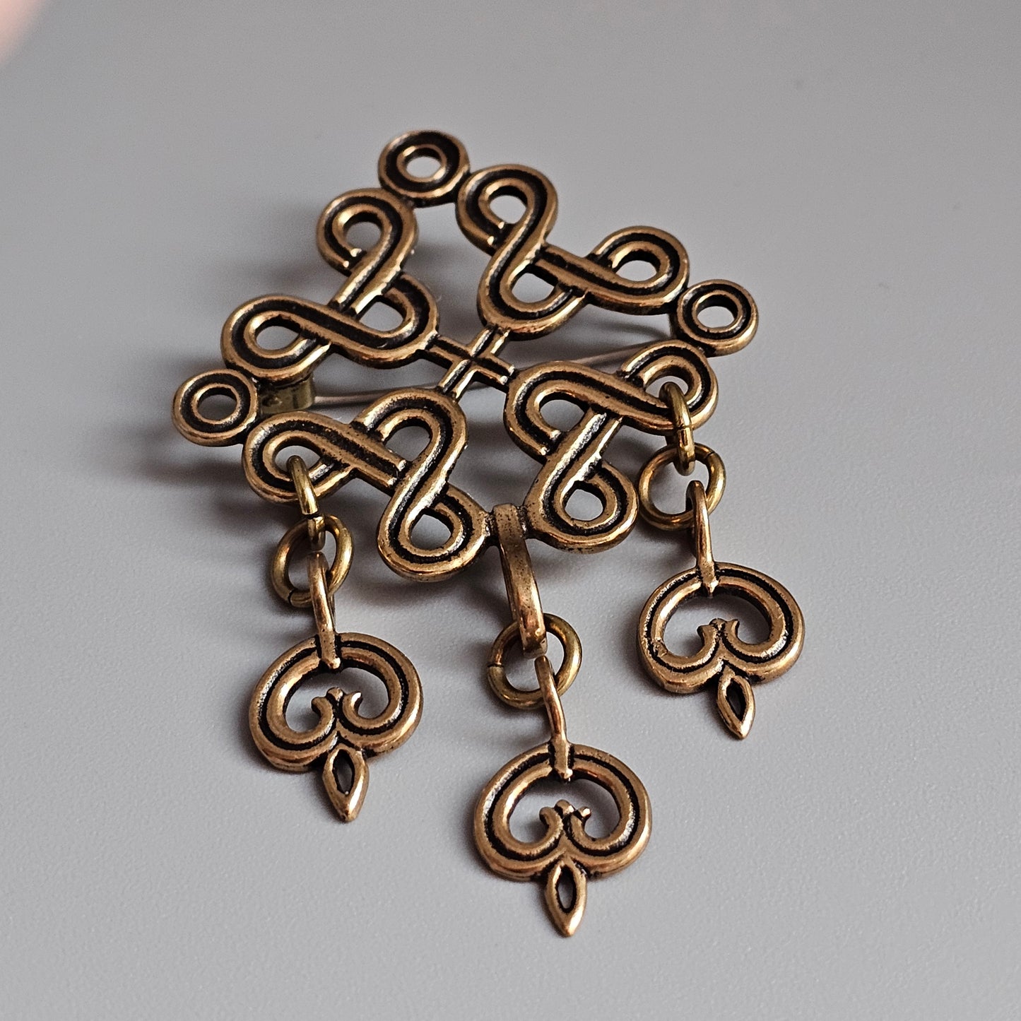 Vintage Kalevala Koru Finland Bronze Middle Ages Era Style Knot Dangly Brooch