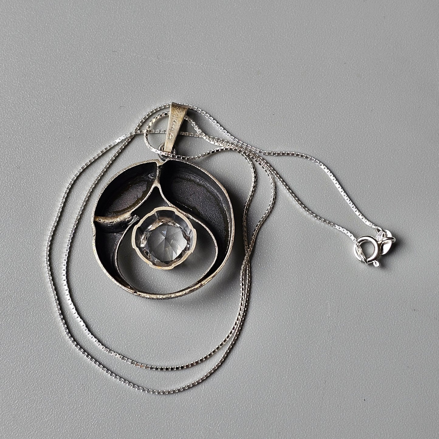 Large Finnish Silver Rock Crystal Necklace Pendant by Karl Laine & Finnfeelings Vintage 1970s 1978
