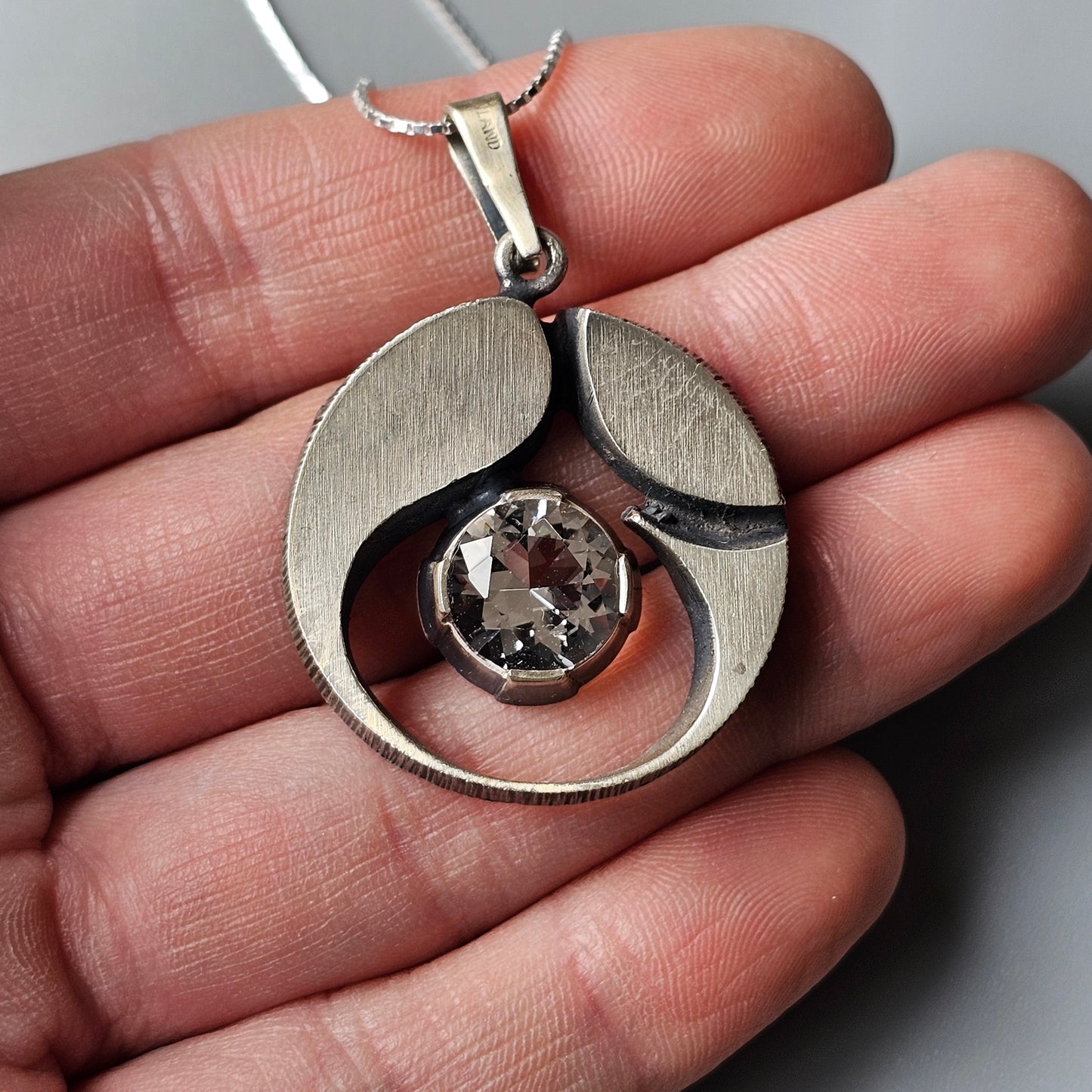 Large Finnish Silver Rock Crystal Necklace Pendant by Karl Laine & Finnfeelings Vintage 1970s 1978