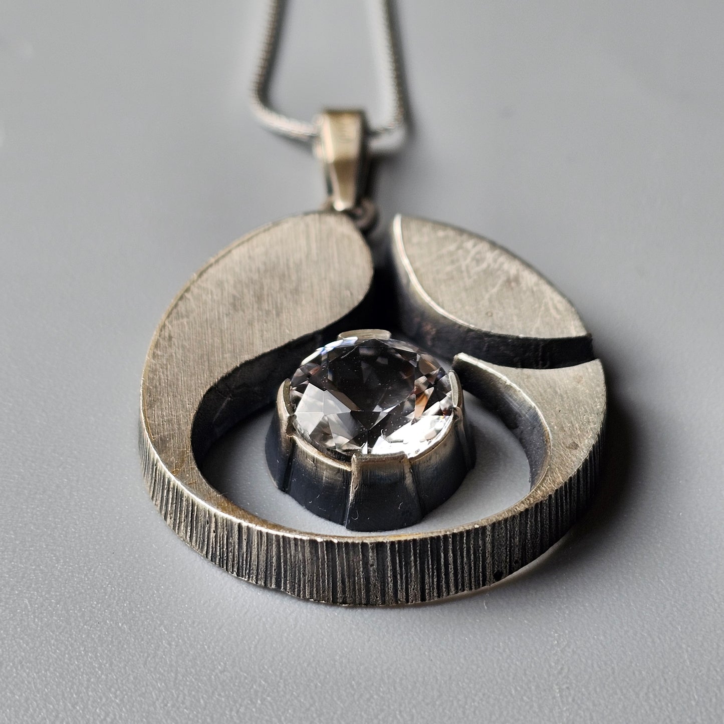 Large Finnish Silver Rock Crystal Necklace Pendant by Karl Laine & Finnfeelings Vintage 1970s 1978