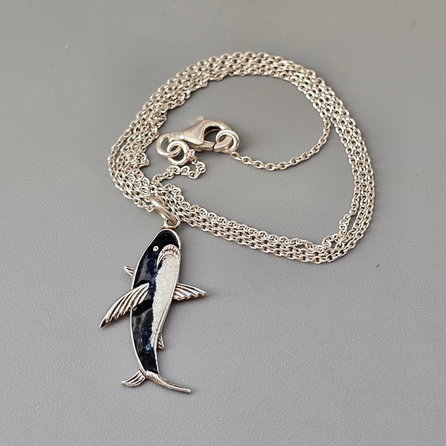 Vintage c1950s Silver Enamel Shark Charm Pendant Necklace