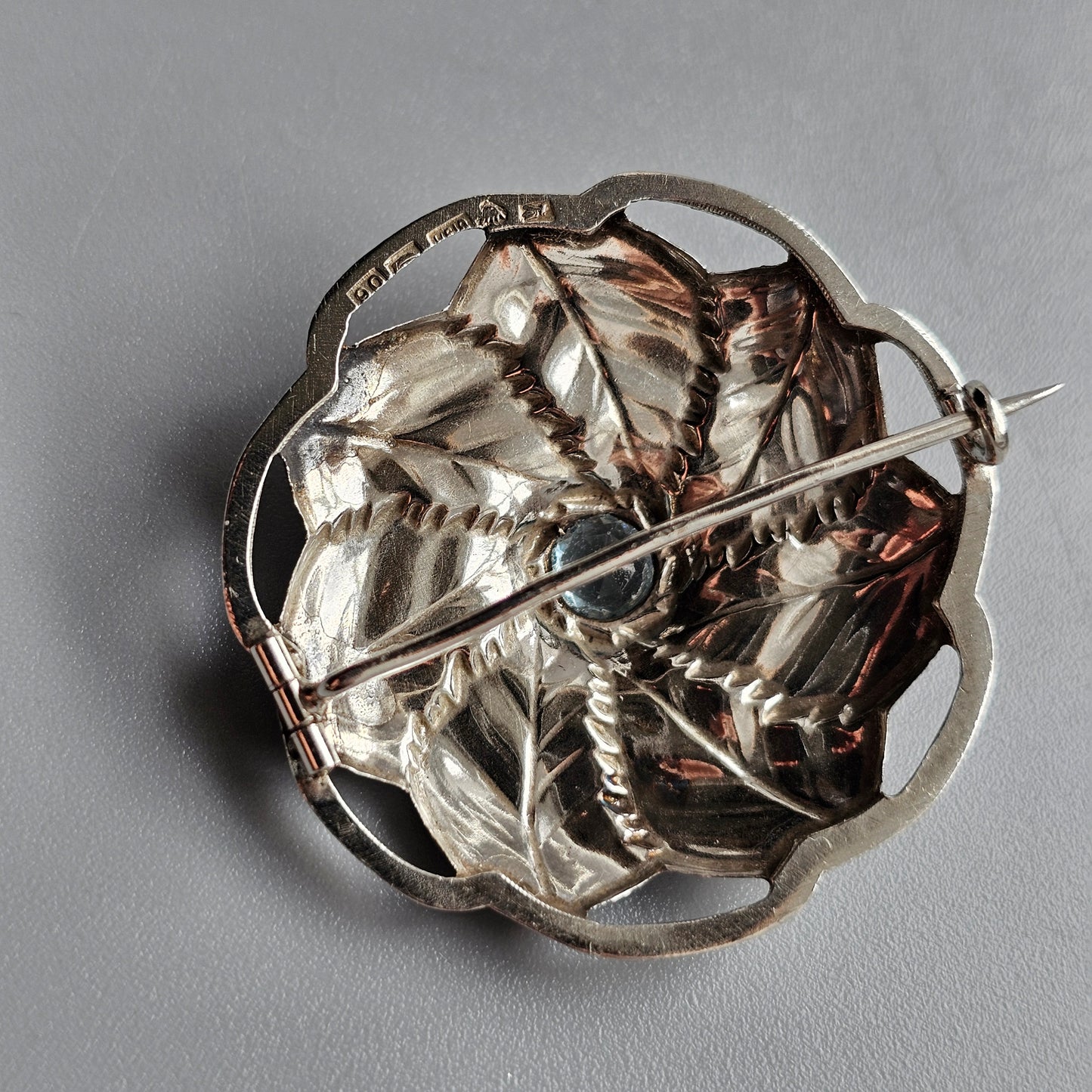 1940s Finnish Art Deco Silver & Blue Glass Paste Birch Leaf Brooch 1943