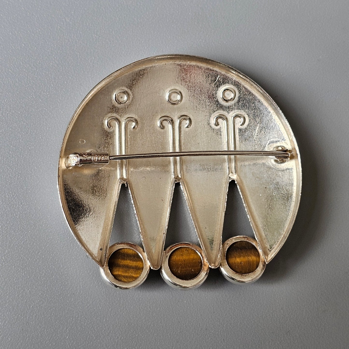 Finnish 1960s Modernist Silver & Tigers Eye Brooch by Turun Hopea