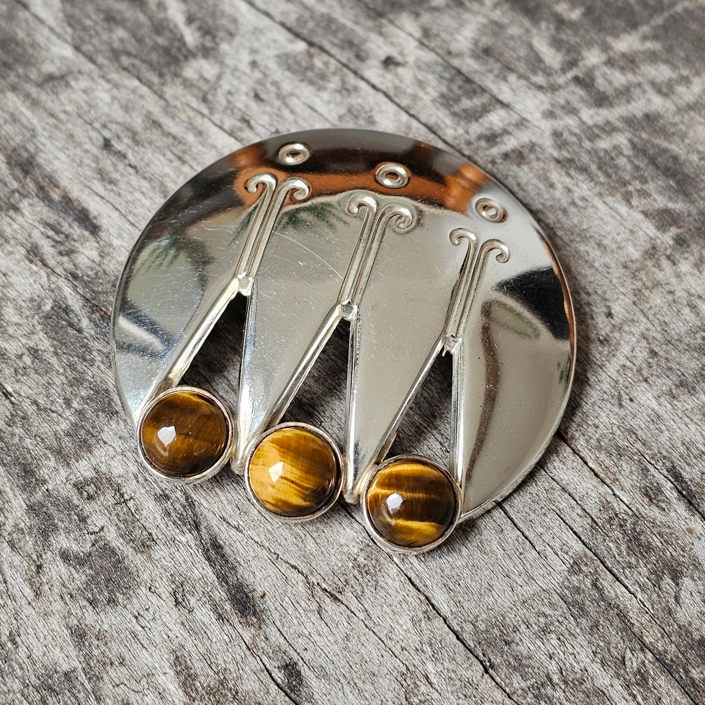 Finnish 1960s Modernist Silver & Tigers Eye Brooch by Turun Hopea