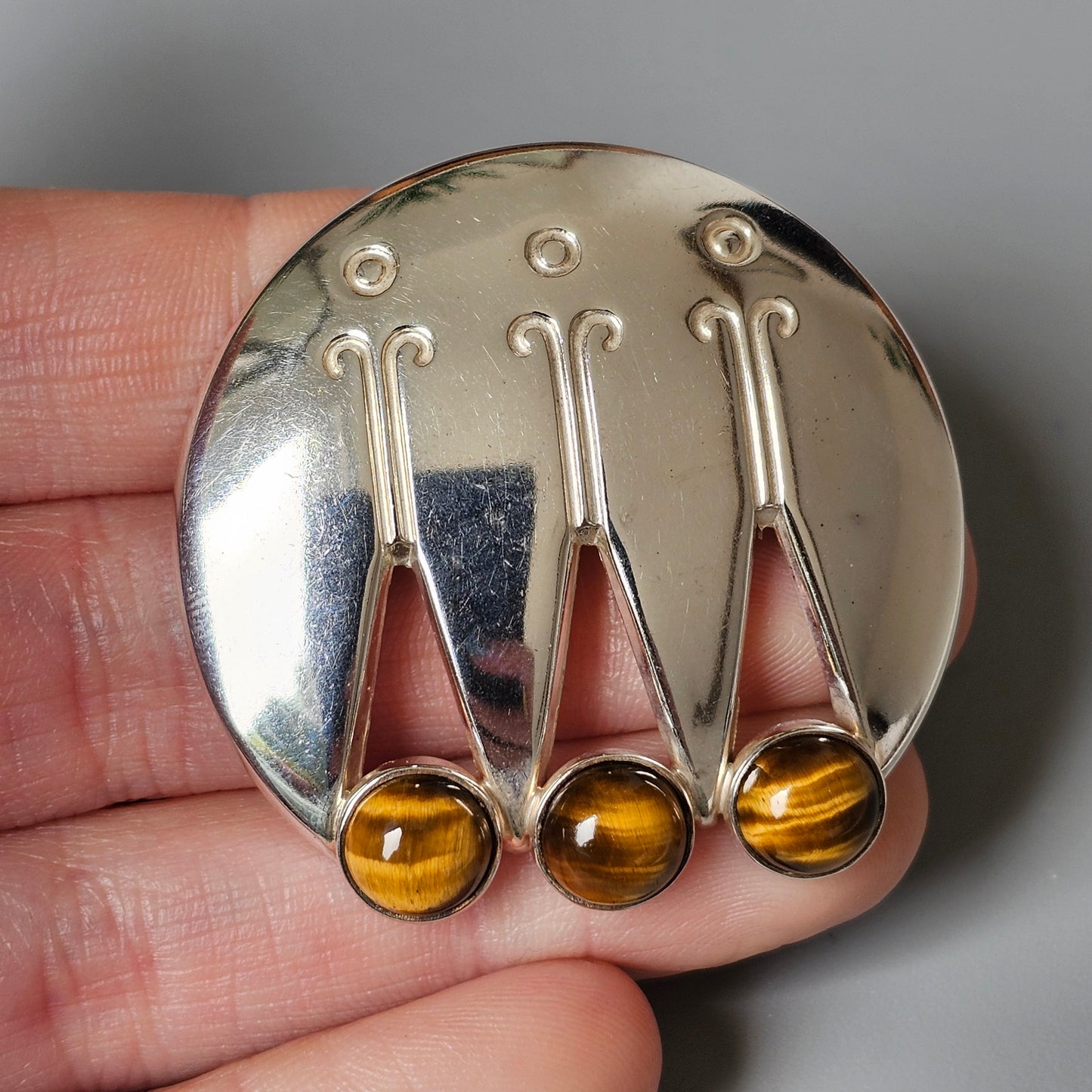 Finnish 1960s Modernist Silver & Tigers Eye Brooch by Turun Hopea