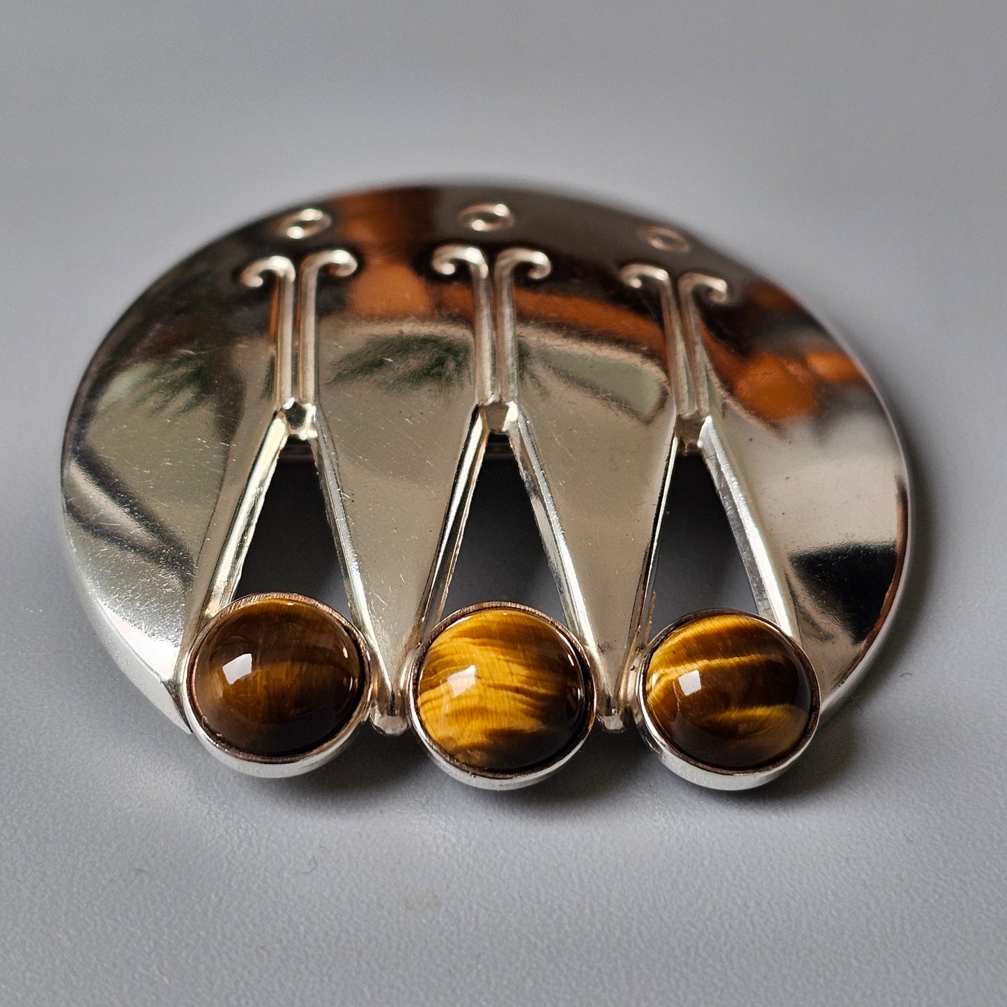 Finnish 1960s Modernist Silver & Tigers Eye Brooch by Turun Hopea