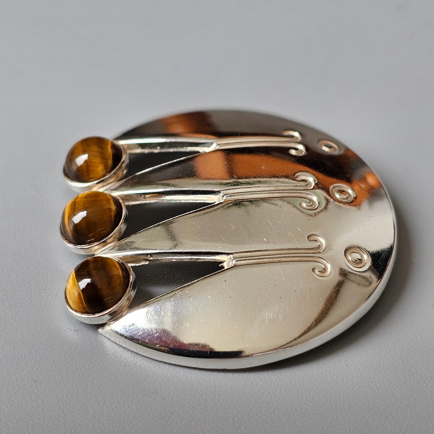 Finnish 1960s Modernist Silver & Tigers Eye Brooch by Turun Hopea