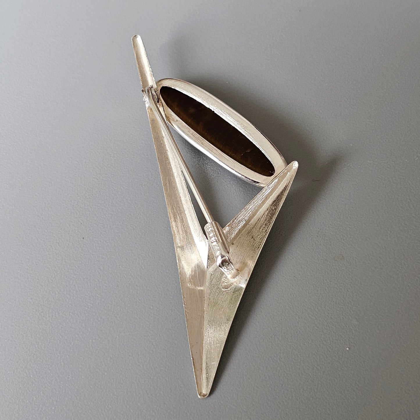 Finnish 1960s Modernist Space Age Silver & Tigers Eye Brooch by Turun Hopea