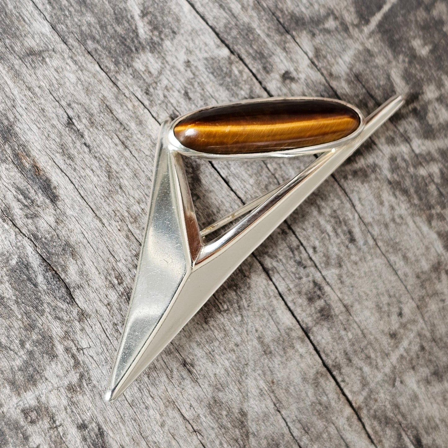 Finnish 1960s Modernist Space Age Silver & Tigers Eye Brooch by Turun Hopea
