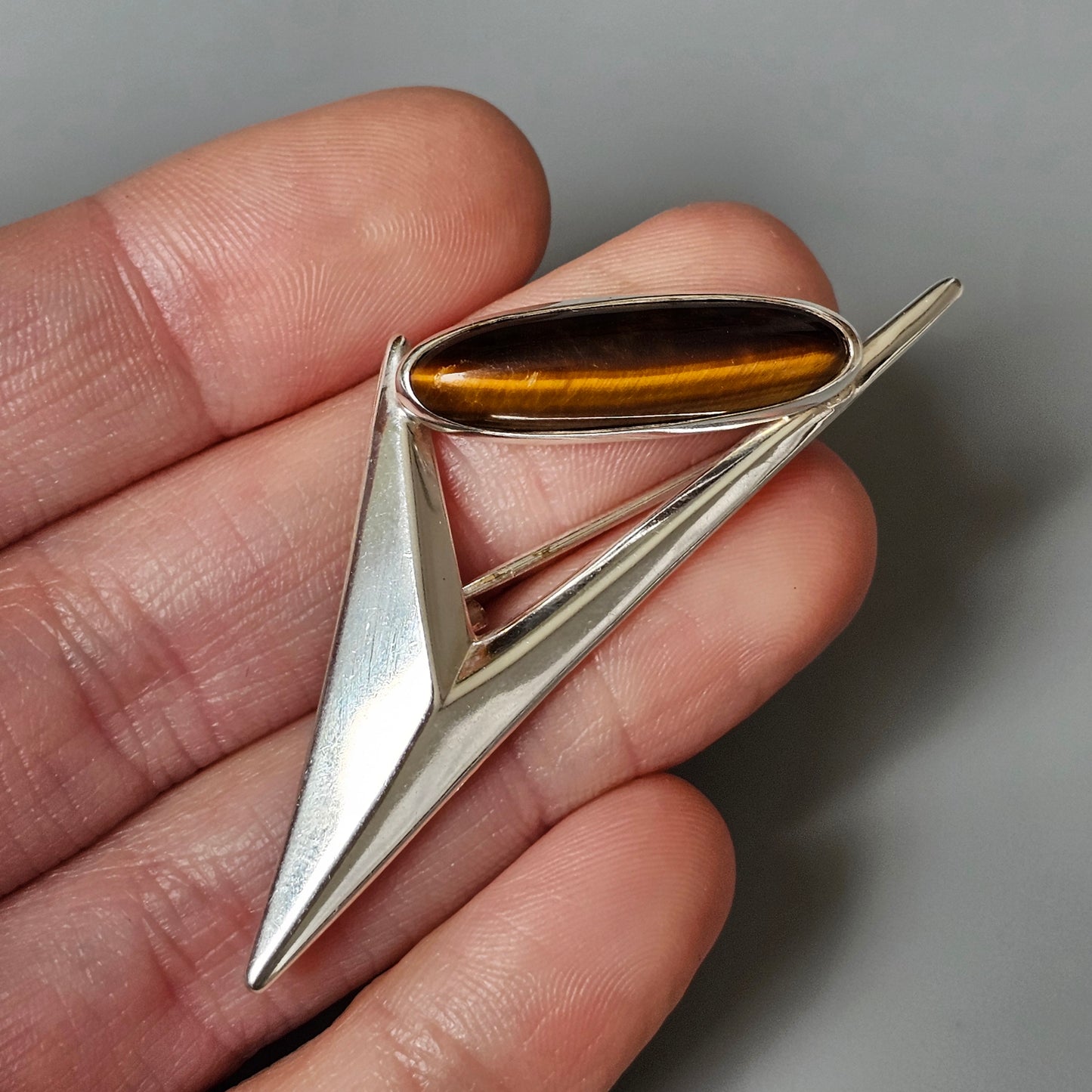 Finnish 1960s Modernist Space Age Silver & Tigers Eye Brooch by Turun Hopea