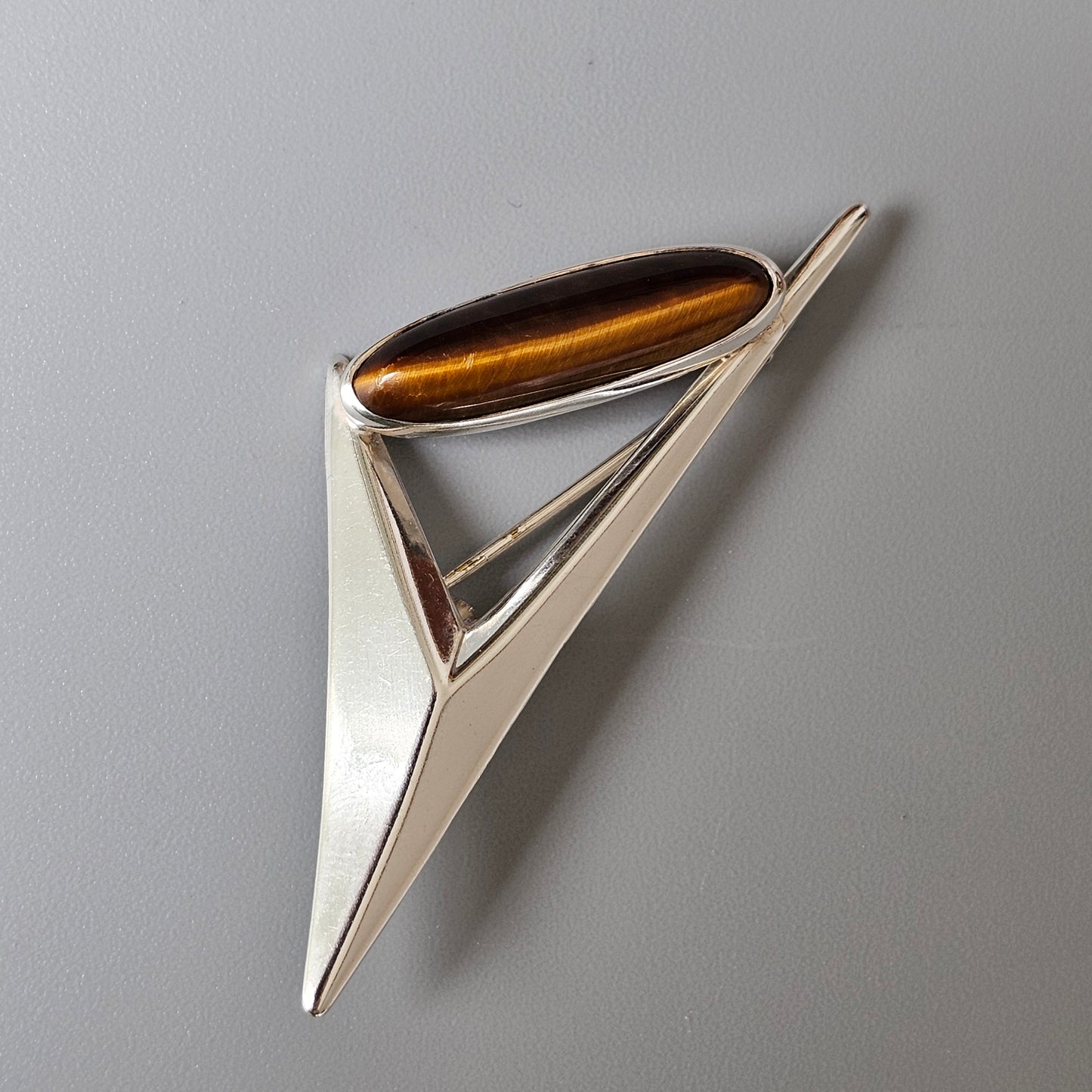 Finnish 1960s Modernist Space Age Silver & Tigers Eye Brooch by Turun Hopea