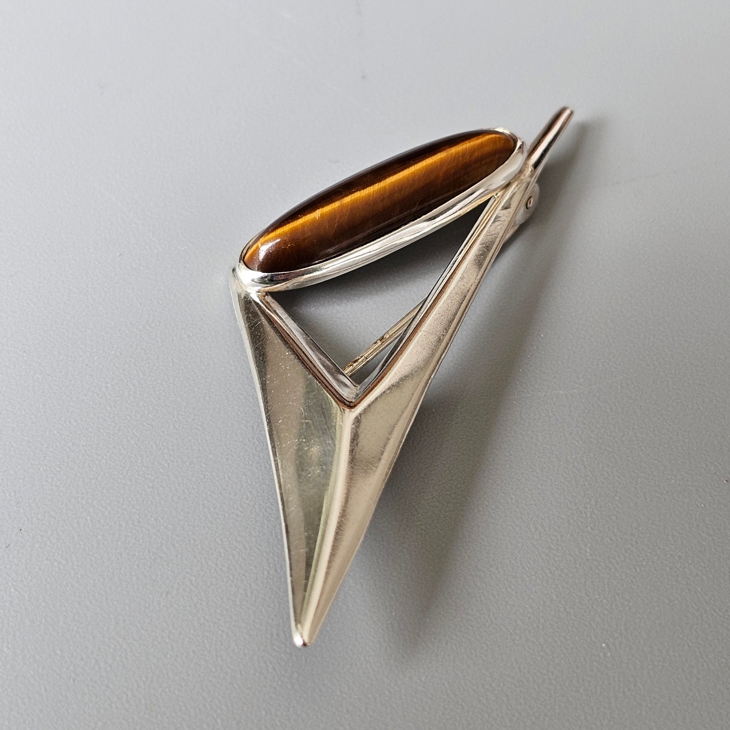 Finnish 1960s Modernist Space Age Silver & Tigers Eye Brooch by Turun Hopea