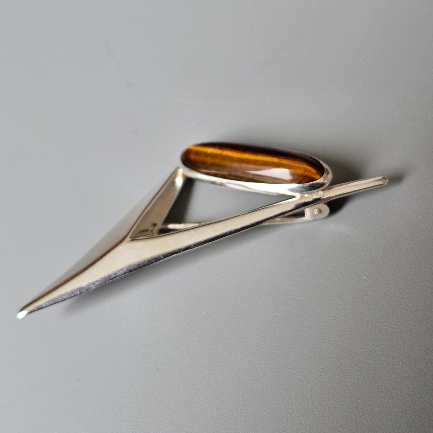 Finnish 1960s Modernist Space Age Silver & Tigers Eye Brooch by Turun Hopea