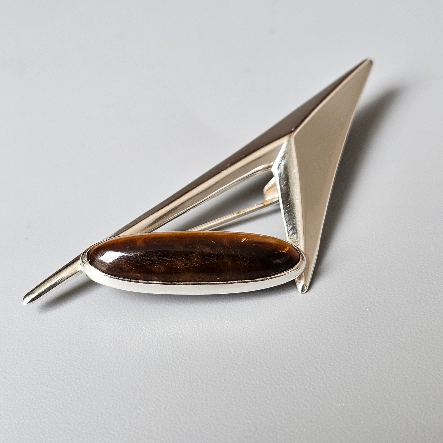 Finnish 1960s Modernist Space Age Silver & Tigers Eye Brooch by Turun Hopea