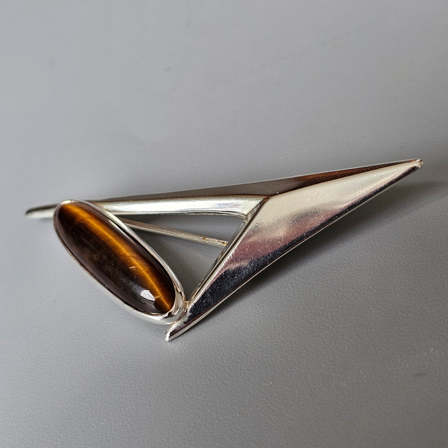 Finnish 1960s Modernist Space Age Silver & Tigers Eye Brooch by Turun Hopea