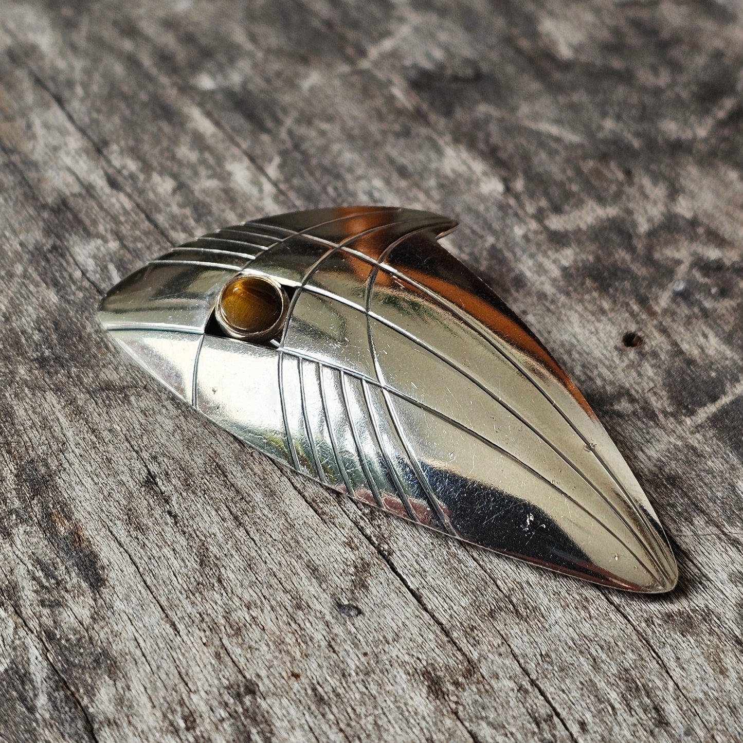 Finnish 1960s Modernist Silver & Tigers Eye Brooch by Kupittaan Kulta Hallmarked 1962