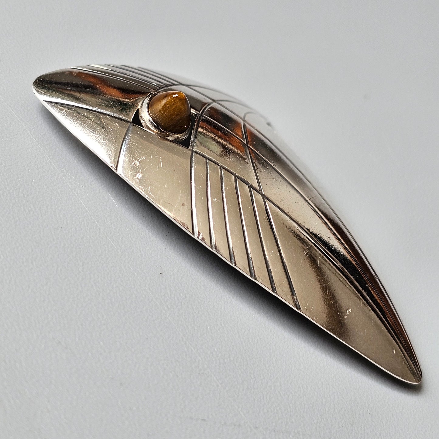 Finnish 1960s Modernist Silver & Tigers Eye Brooch by Kupittaan Kulta Hallmarked 1962