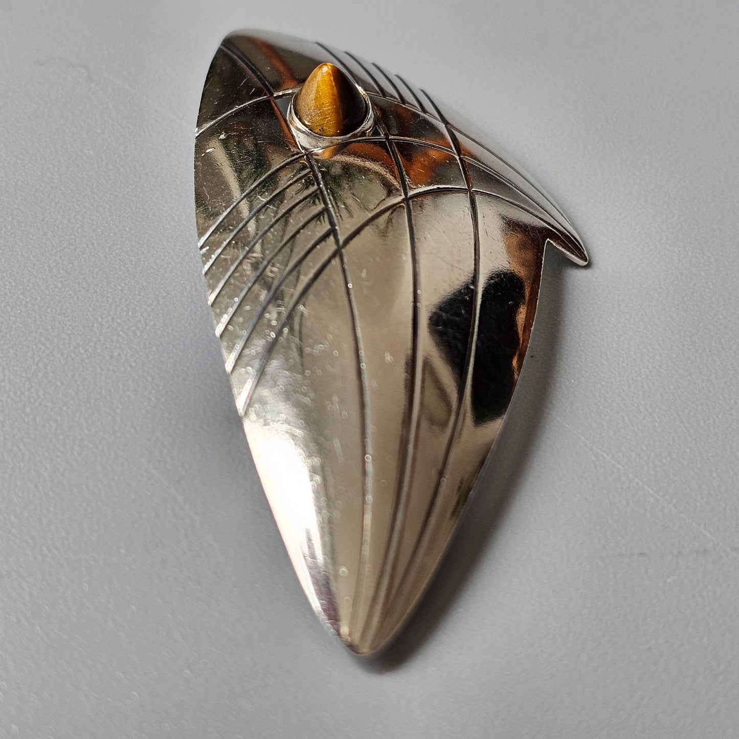 Finnish 1960s Modernist Silver & Tigers Eye Brooch by Kupittaan Kulta Hallmarked 1962