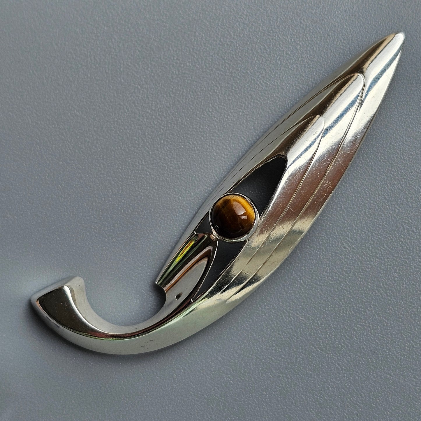 Finnish 1960s Modernist Silver & Tigers Eye Brooch by Turun Hopea