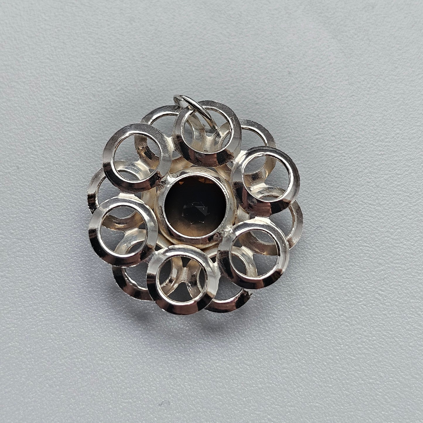 Vintage Modernist Silver & Smoky Quartz Flower Necklace Pendant by Kultaseppä Salovaara