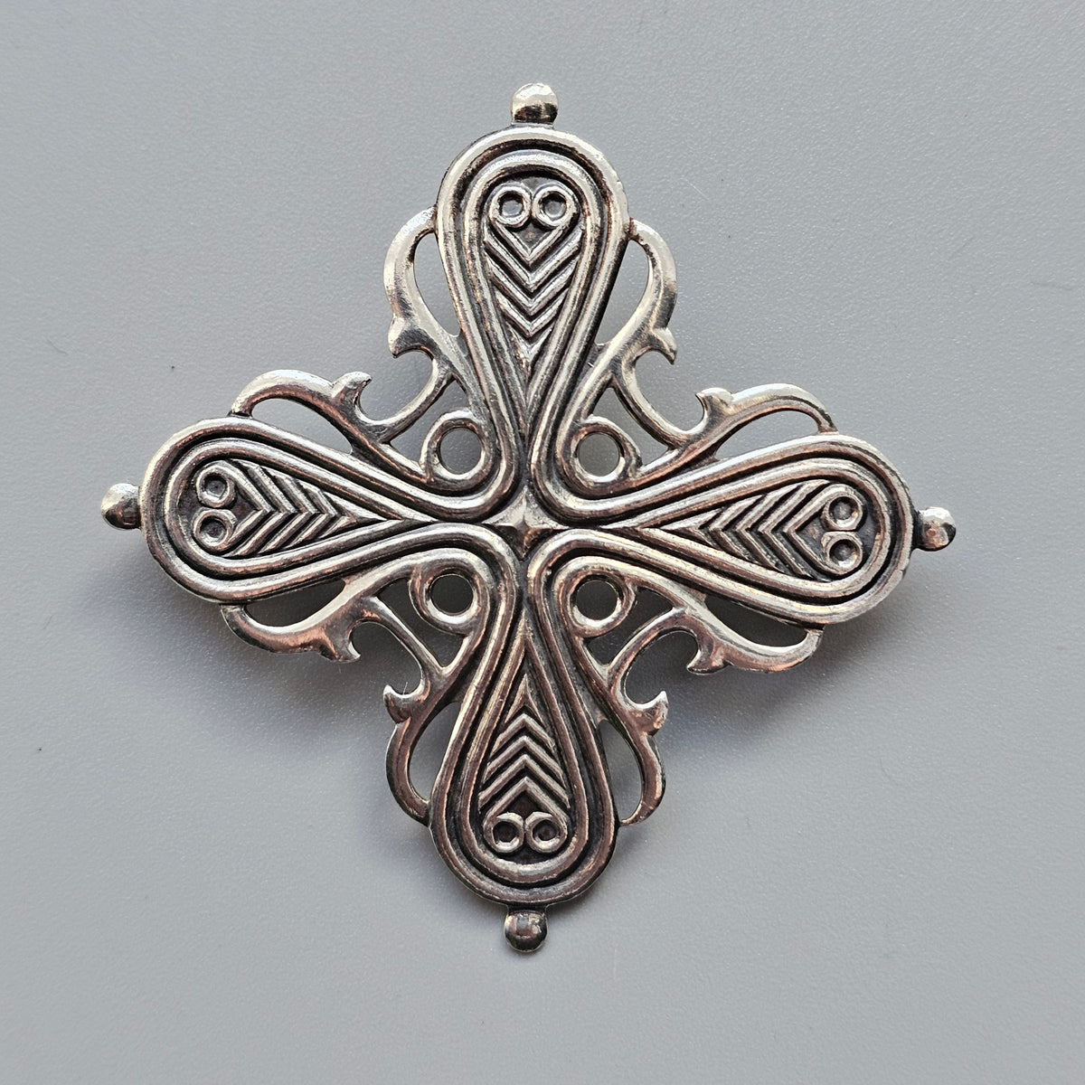 Vintage Kalevala Koru Räisälä Cross Silver Brooch – 12th Century Finnish Medieval Style, Middle Ages Revival Design 1965