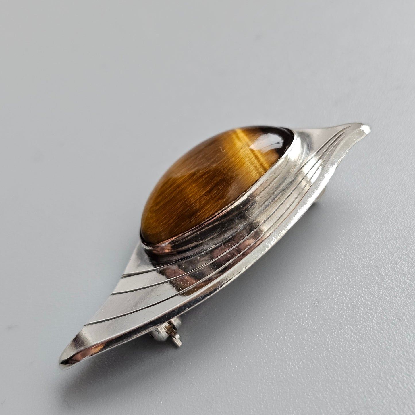 Scandinavian Modernist Tiger’s Eye Silver Brooch by Allan Johansson — Sweden 1962