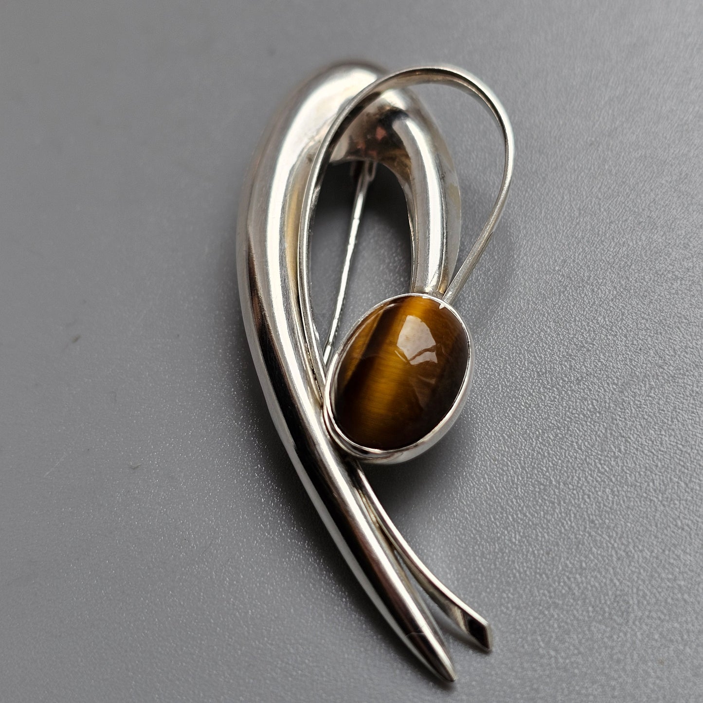 Vintage Finnish Modernist Silver & Tigers Eye Brooch by Kultaseppa Salovaara 1961