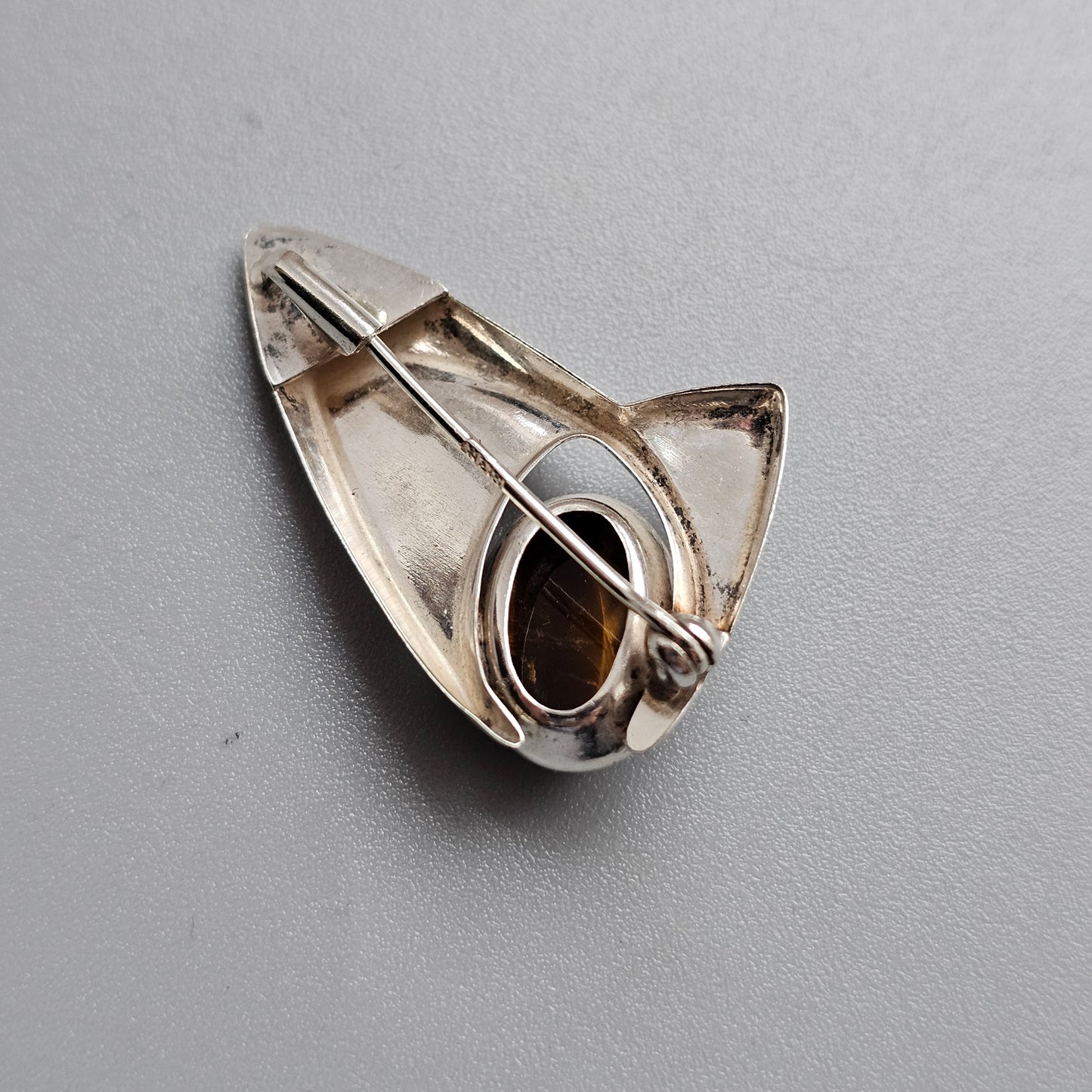 Small Vintage Silver Brooch with Tiger’s Eye — Mid-Century Finnish