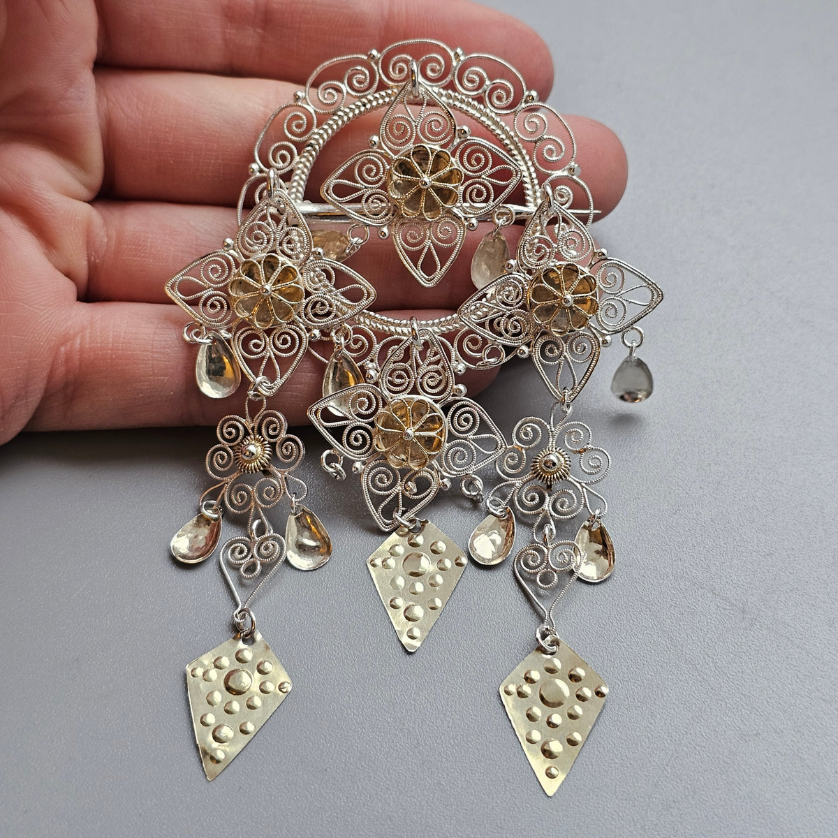 Traditional Norwegian Dangly Silver Filigree Solje Brooch