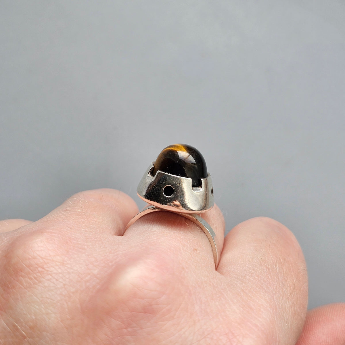 1960s Finnish Modernist Silver & Tigers Eye Ring — Martti Viikinniemi - UK Ring Size Q - US Ring Size 8 - 1967