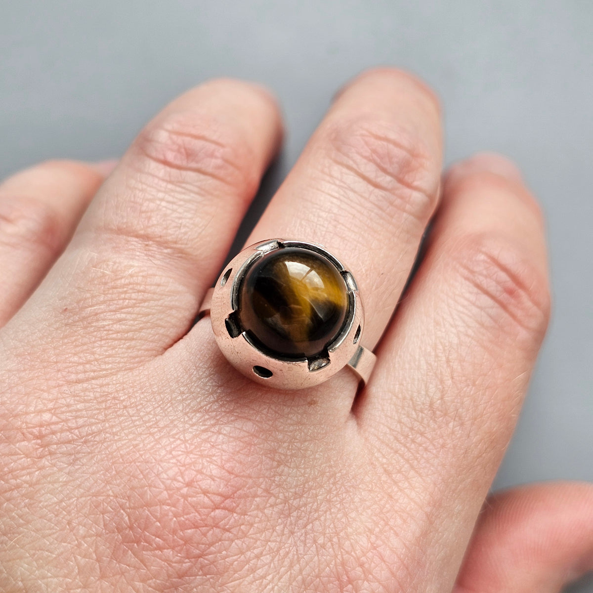 1960s Finnish Modernist Silver & Tigers Eye Ring — Martti Viikinniemi - UK Ring Size Q - US Ring Size 8 - 1967