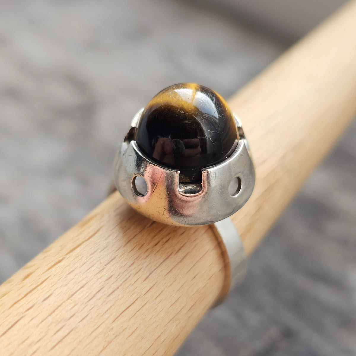 1960s Finnish Modernist Silver & Tigers Eye Ring — Martti Viikinniemi - UK Ring Size Q - US Ring Size 8 - 1967