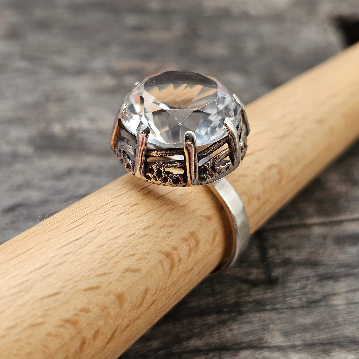 1970s Finnish Modernist Brutalist Silver Ring with Rock Crystal — Martti Viikinniemi - UK Ring Size Q 1/2 - US Ring Size 8.5 - 1970