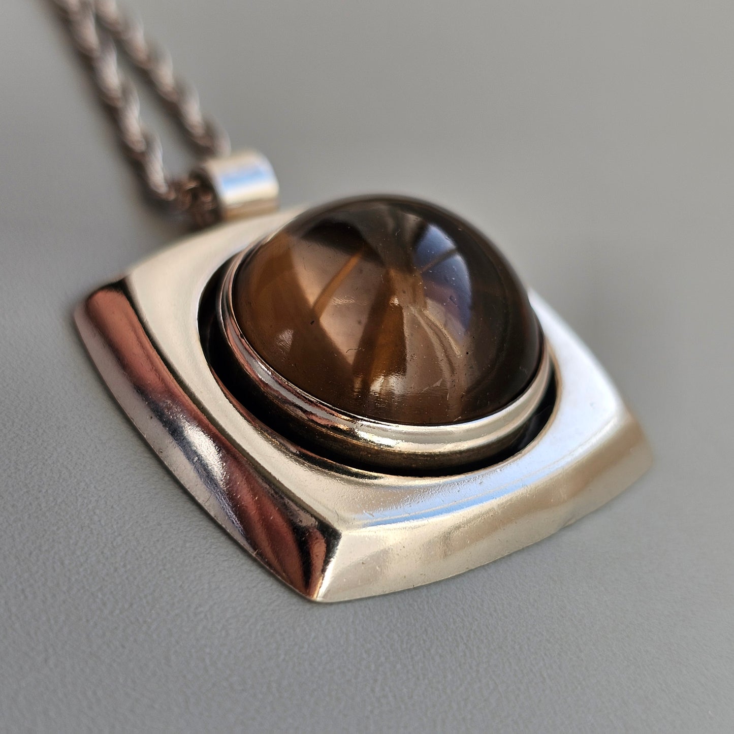 Vintage 1960s Modernist Silver & Smoky Quartz Necklace Pendant by Erik Granit & Co - 1966