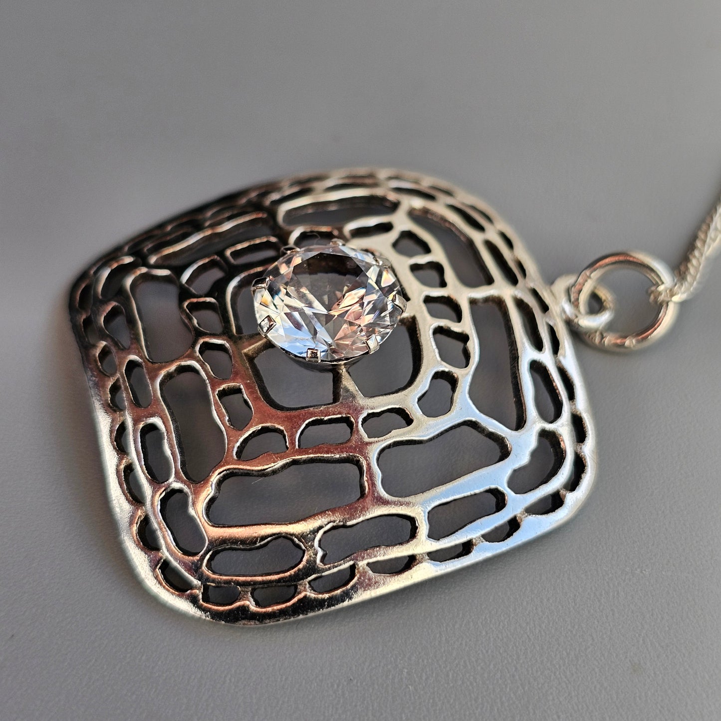 1960s 1970s Finnish Silver Modernist Necklace Pendant with Clear Spinel by Kultaseppä Salovaara