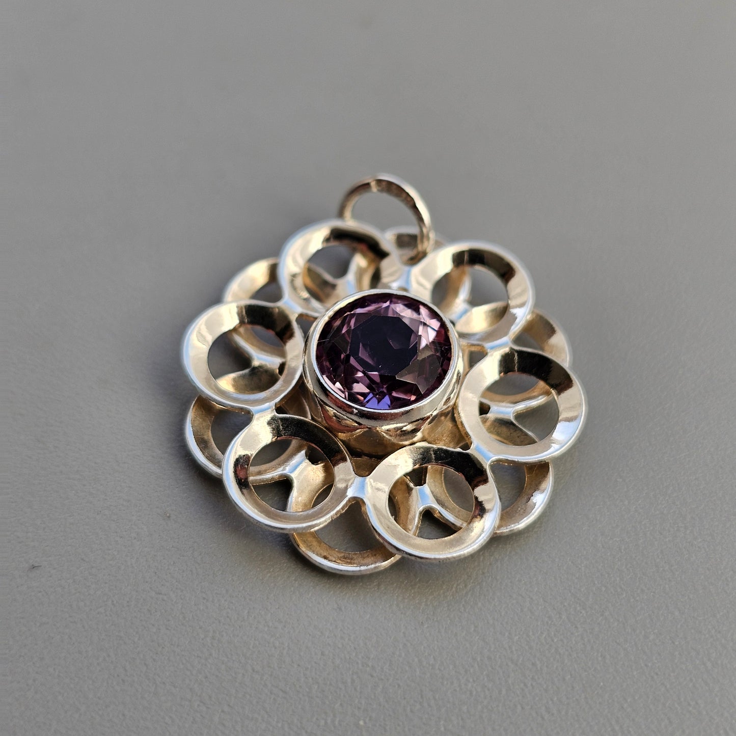 Vintage Modernist Silver & Amethyst Flower Necklace Pendant by Kultaseppä Salovaara