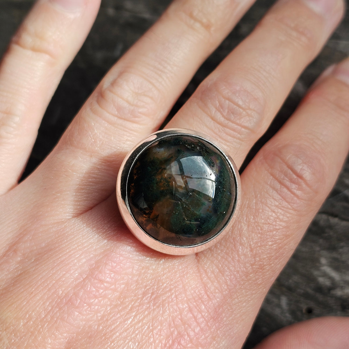 Vintage Scandinavian Sterling Silver Moss Agate Modernist Ring