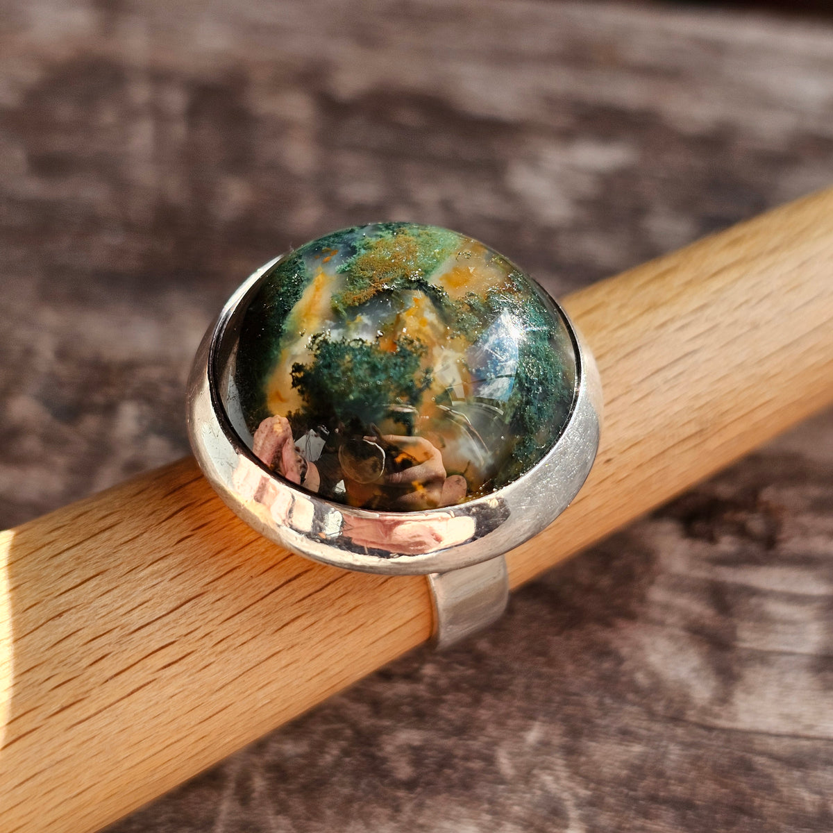 Vintage Scandinavian Sterling Silver Moss Agate Modernist Ring