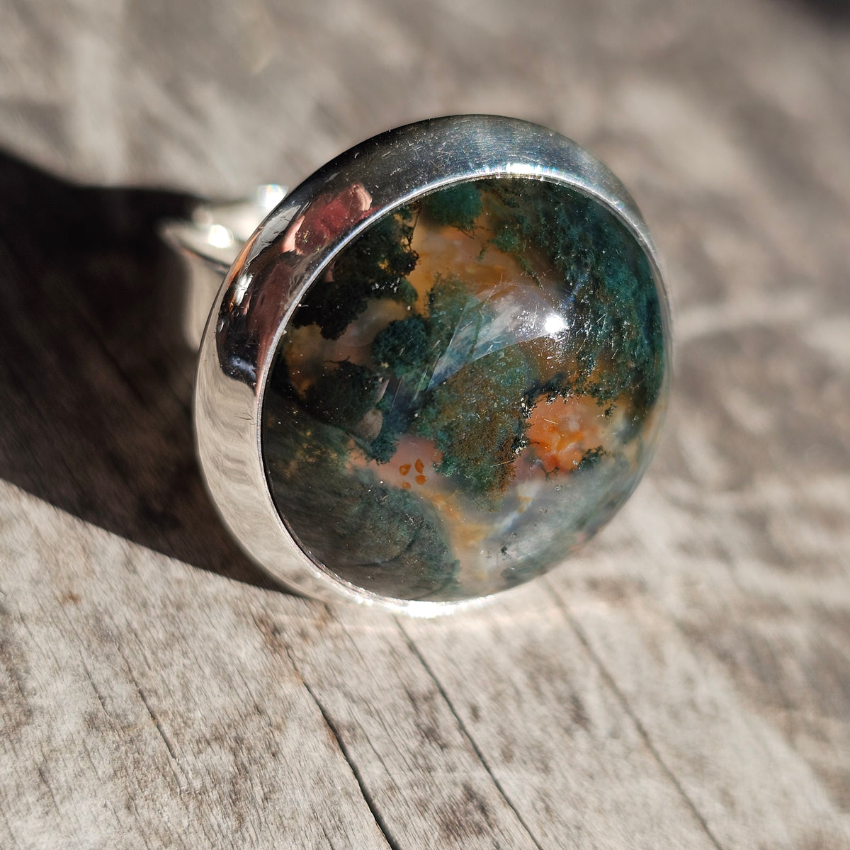 Vintage Scandinavian Sterling Silver Moss Agate Modernist Ring
