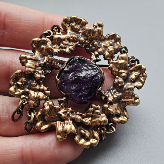 Vintage Finnish Brutalist Bronze & Raw Amethyst Brooch Kaarna Bark by Pentti Sarpaneva 1960s 1970s