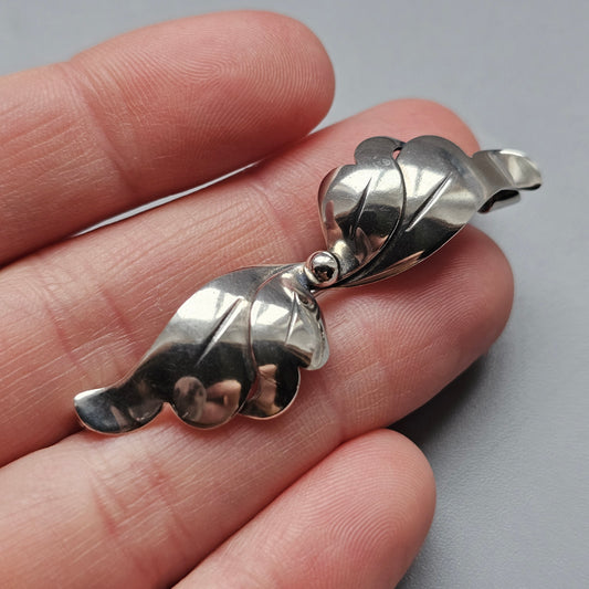 Vintage Mid Century Danish Silver Modernist Leaf Bow Brooch
