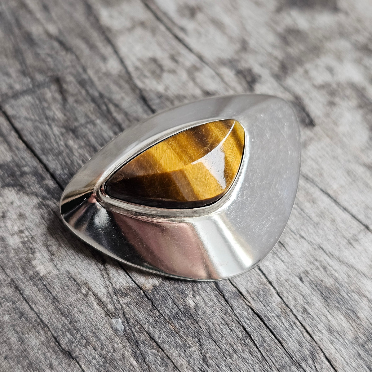 Vintage Finnish Modernist Silver & Tiger’s Eye Brooch by Jalosepot 1963