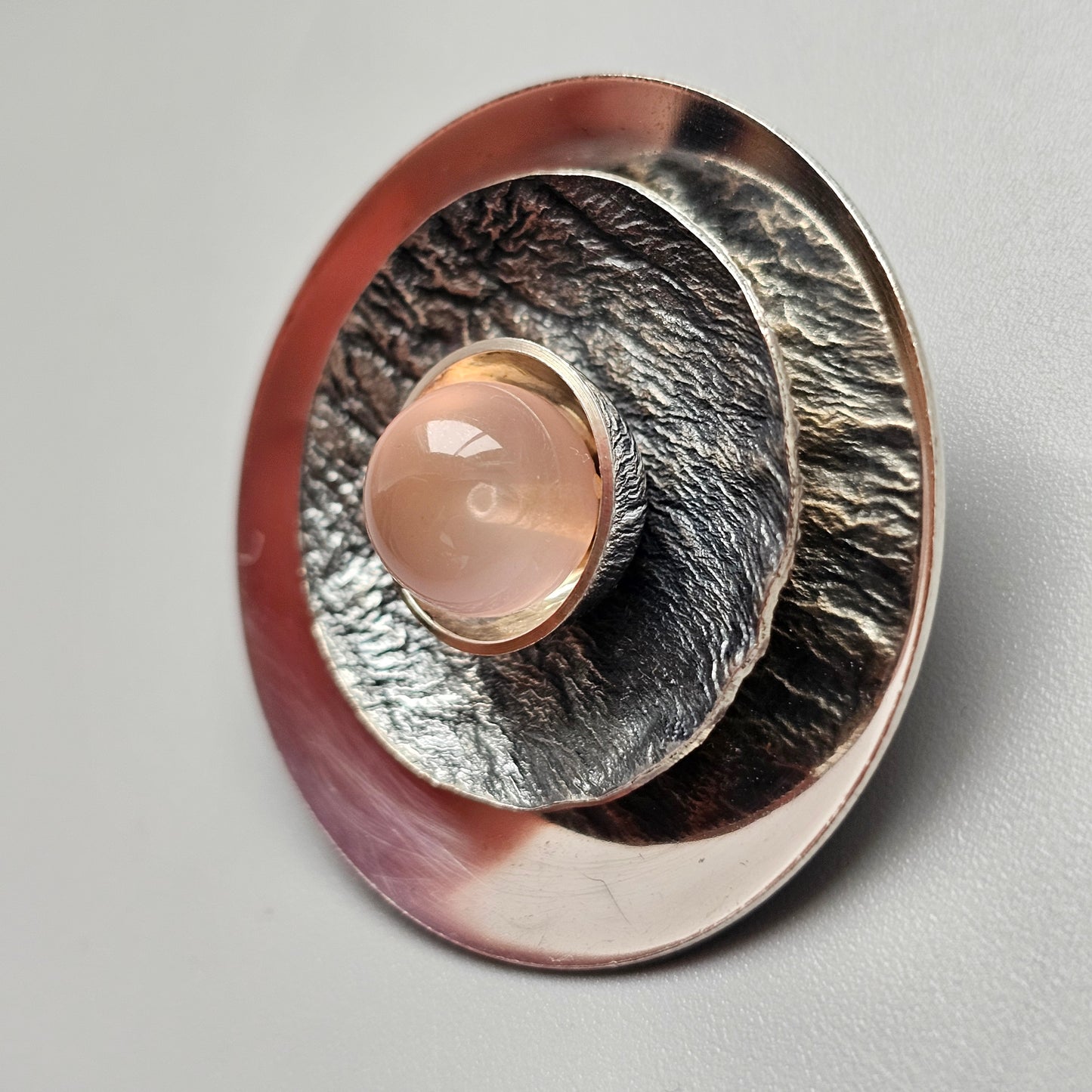 1960s 1970s Vintage Finnish Modernist Silver & Rose Quartz Brooch by Turun Hopea